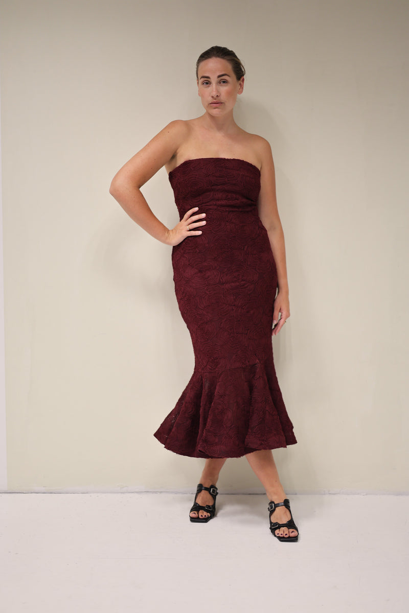 Flower Mesh Flounce Dress Bordeaux