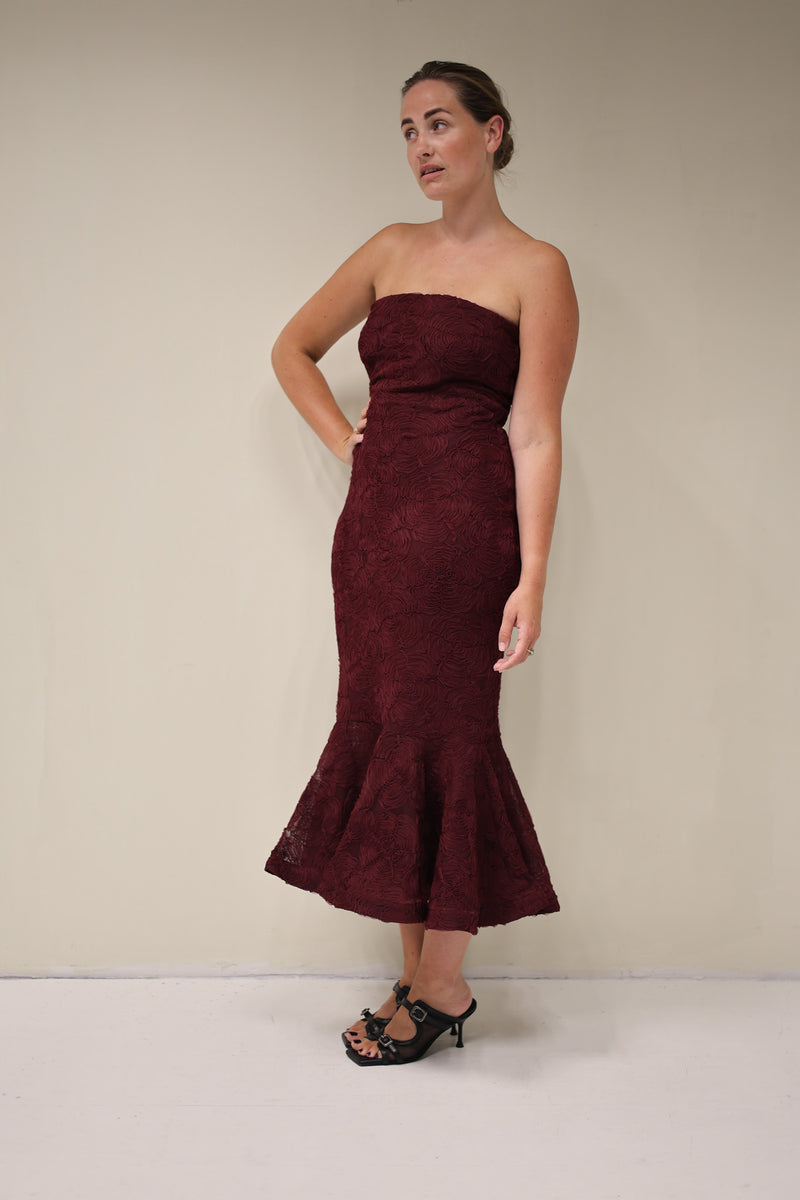 Flower Mesh Flounce Dress Bordeaux