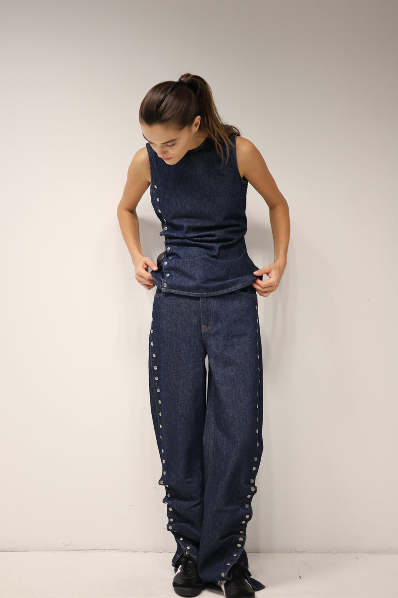 Buttoned Wide Leg Jeans Dark Blue