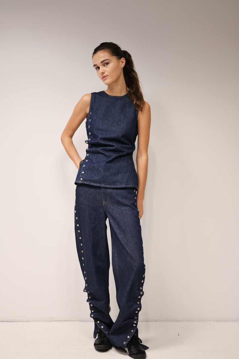 Buttoned Wide Leg Jeans Dark Blue