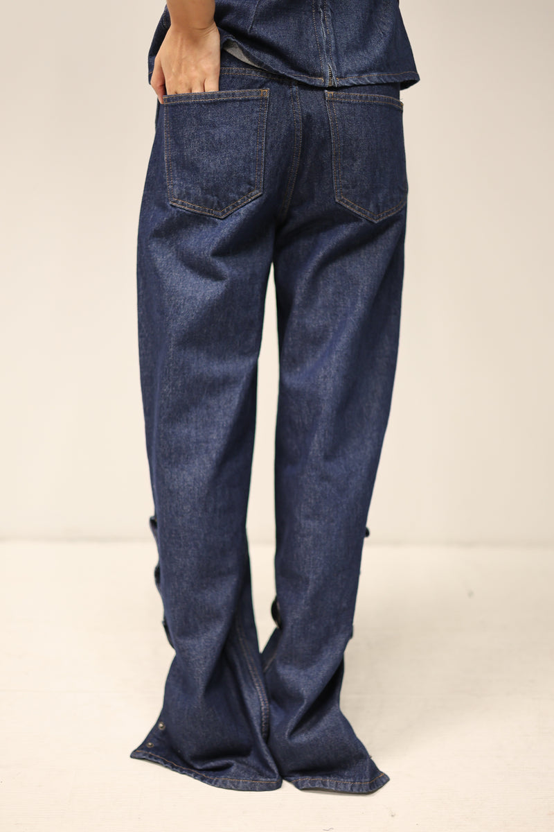 Buttoned Wide Leg Jeans Dark Blue