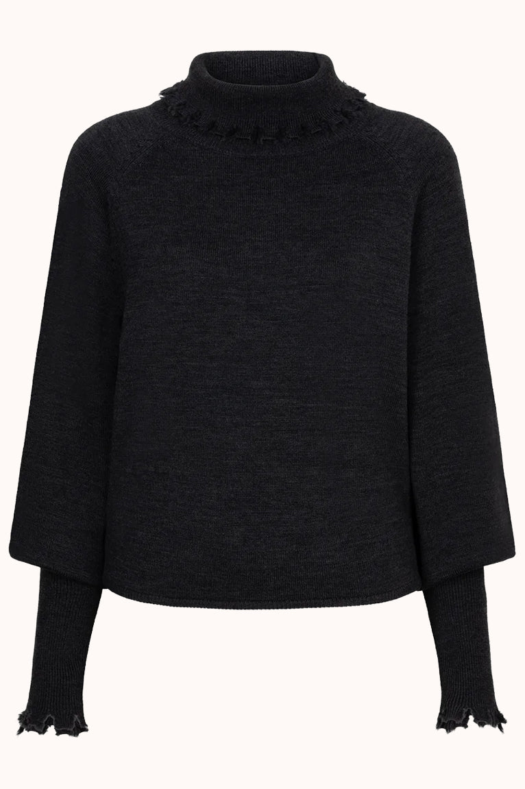 VISOU Coll & long cuff fine knit sweater dark grey melange