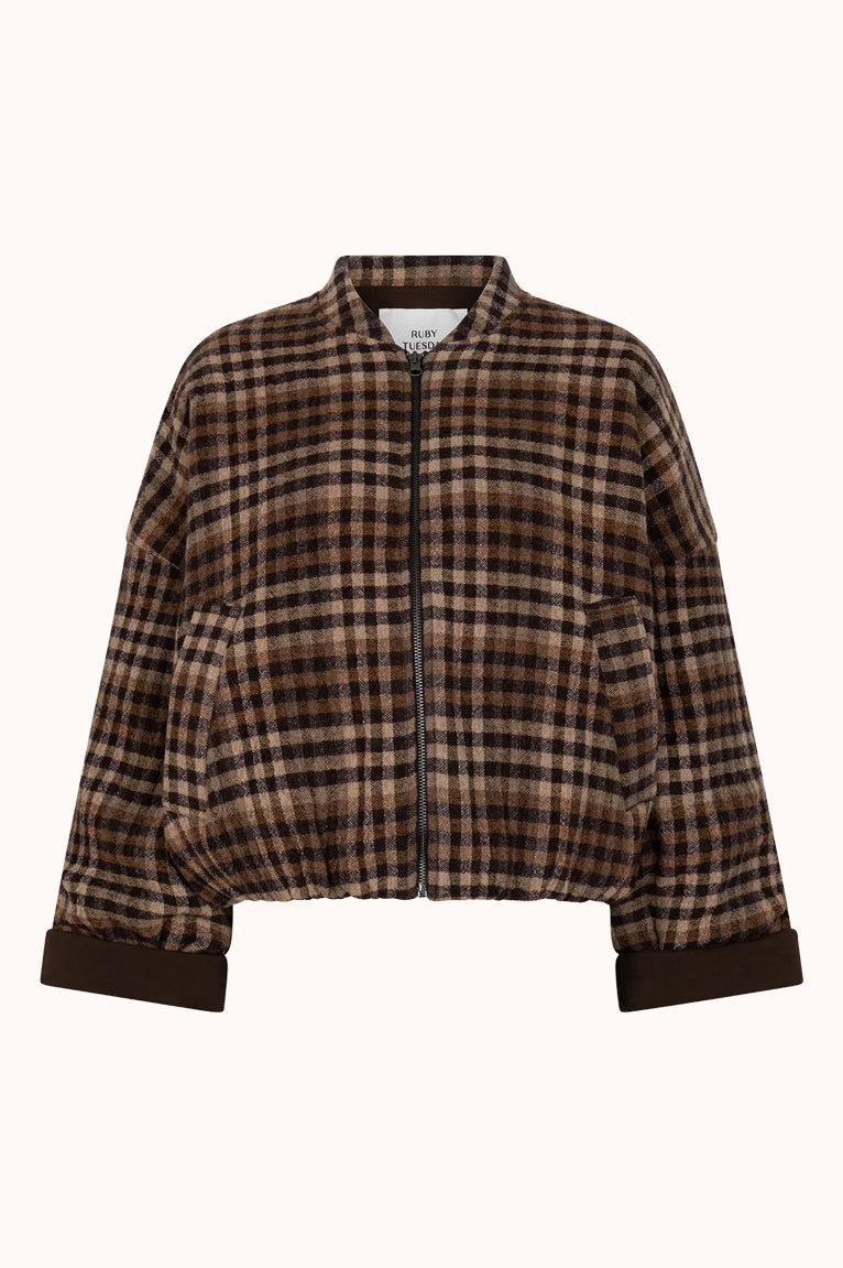 CIDORE Woolen check bomber jacket brown check