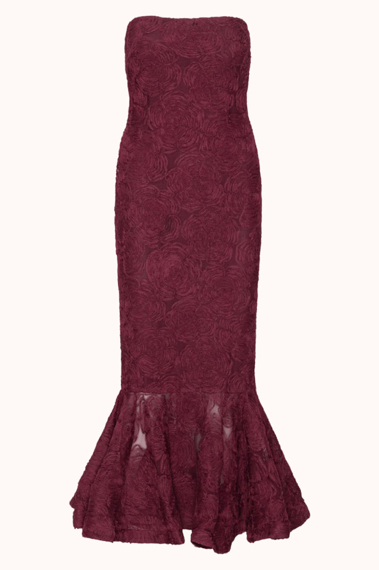 Flower Mesh Flounce Dress Bordeaux