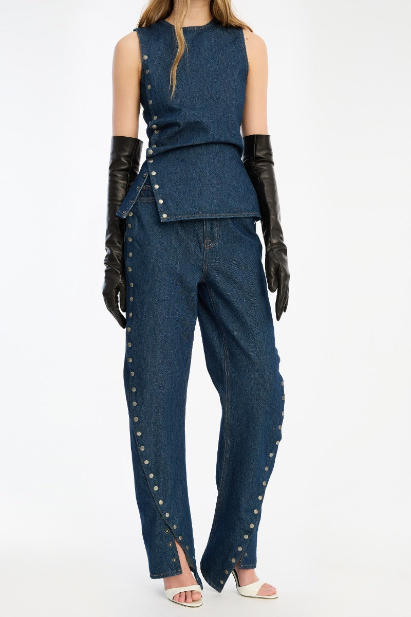 Buttoned Wide Leg Jeans Dark Blue